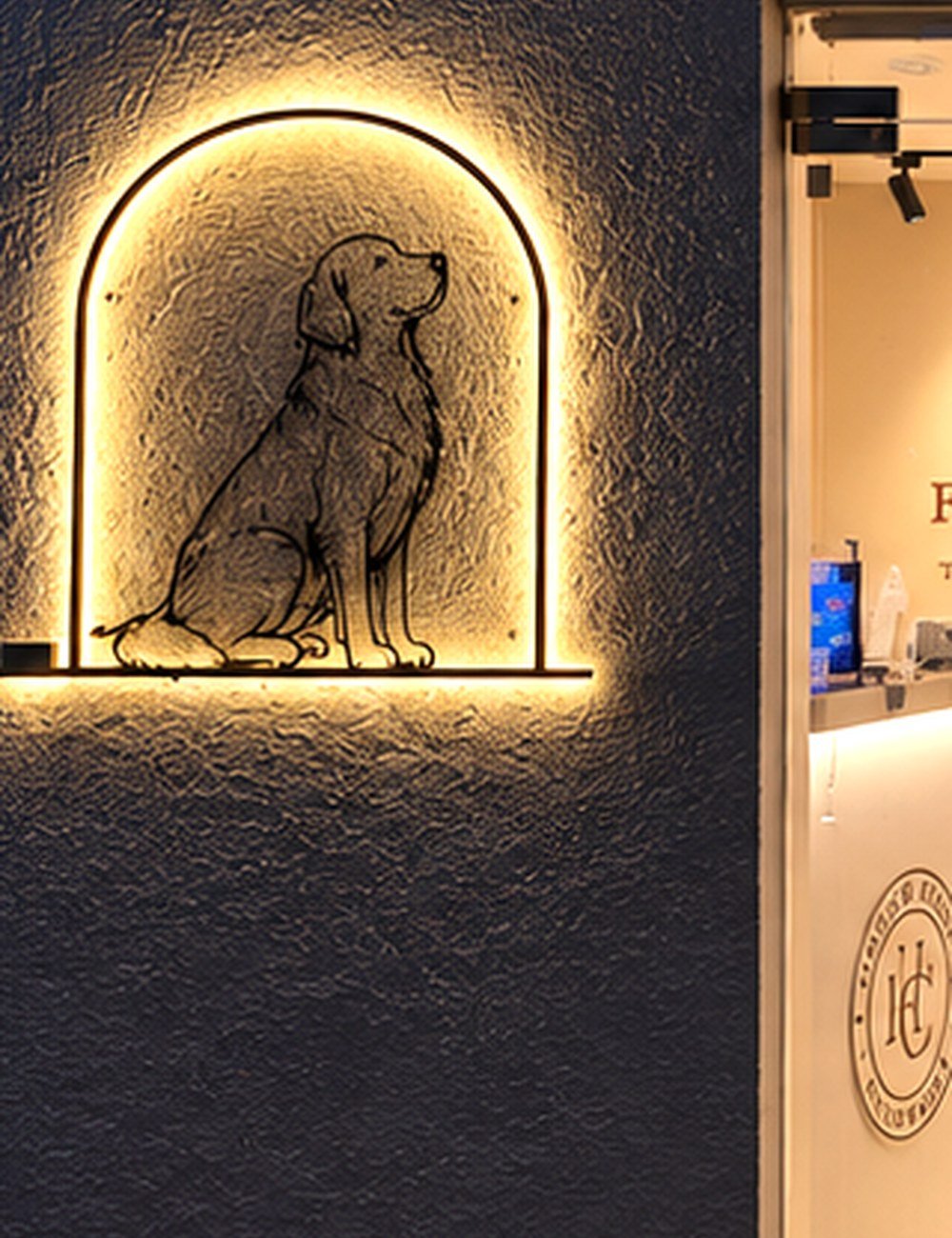The illuminated Charlie crest at the entrance